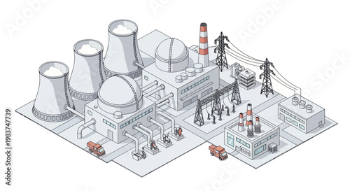 Isometric Nuclear Power Plant Generating Electricity for Modern Energy Needs.