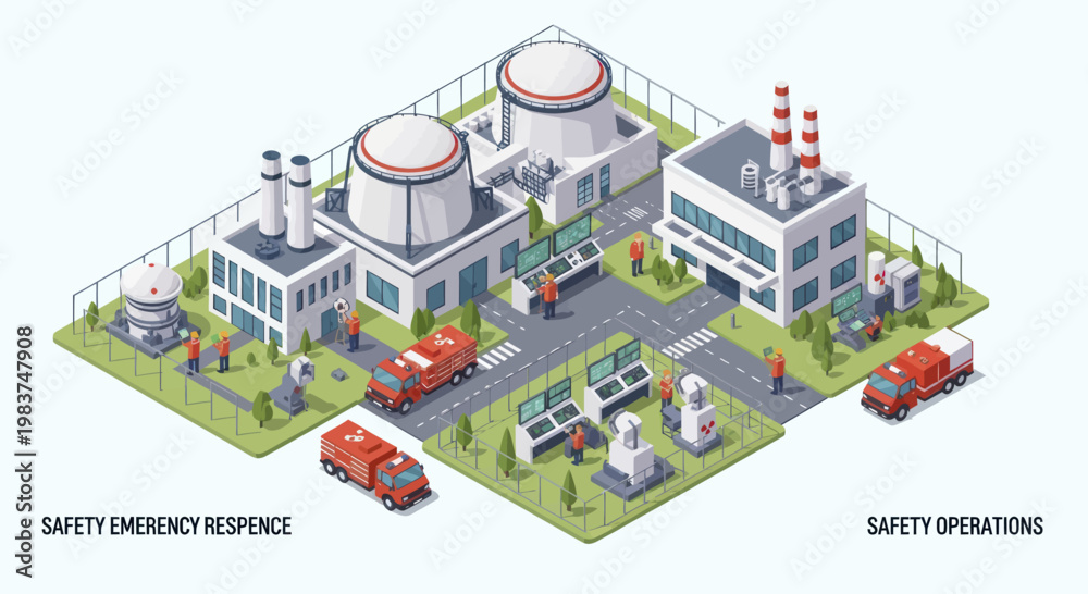 Fototapeta premium Isometric Nuclear Power Plant with Emergency Response and Safety Operations.