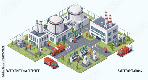 Isometric Nuclear Power Plant with Emergency Response and Safety Operations.