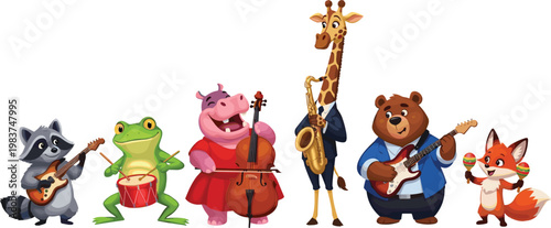 Cartoon Wild Animals Playing Musical Instruments, Featuring Raccoon, Frog, Hippo, Giraffe, Bear, and Fox for Kids' Music, Animal, and Fun Designs
