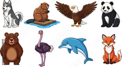 Cute Cartoon Wildlife Animal Set Featuring a Husky, Beaver, Eagle, Panda, Bear, Ostrich, Dolphin, and Fox for Kids’ Designs, Educational, and Animal Themes