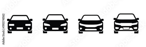 Car icon vector set, small sedan vehicle symbols and automotive signs for transportation, driving, rental services, navigation apps, and auto industry design projects