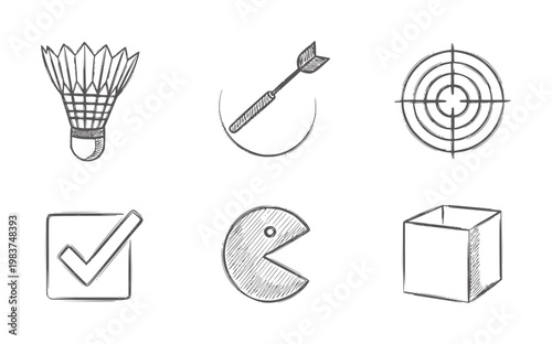 Hand drawn of badminton shuttlecock dart target checkmark pacman and cube