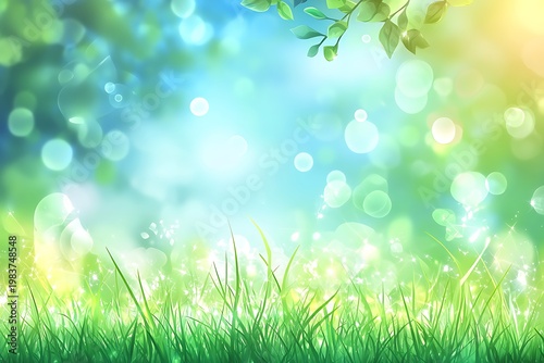Fresh green grass shines with bokeh lights under a bright blue sky