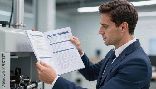Man in suit reading an equipment manual beside industrial machinery in a factory setting, focused on technical documentation