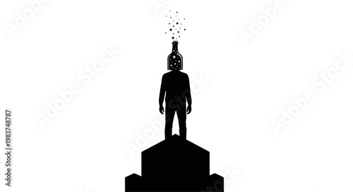 Silhouette of man with thoughts floating.