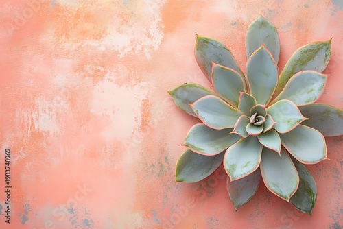 Rosette succulent displays elegant light blue petals against a coral and grey textured background