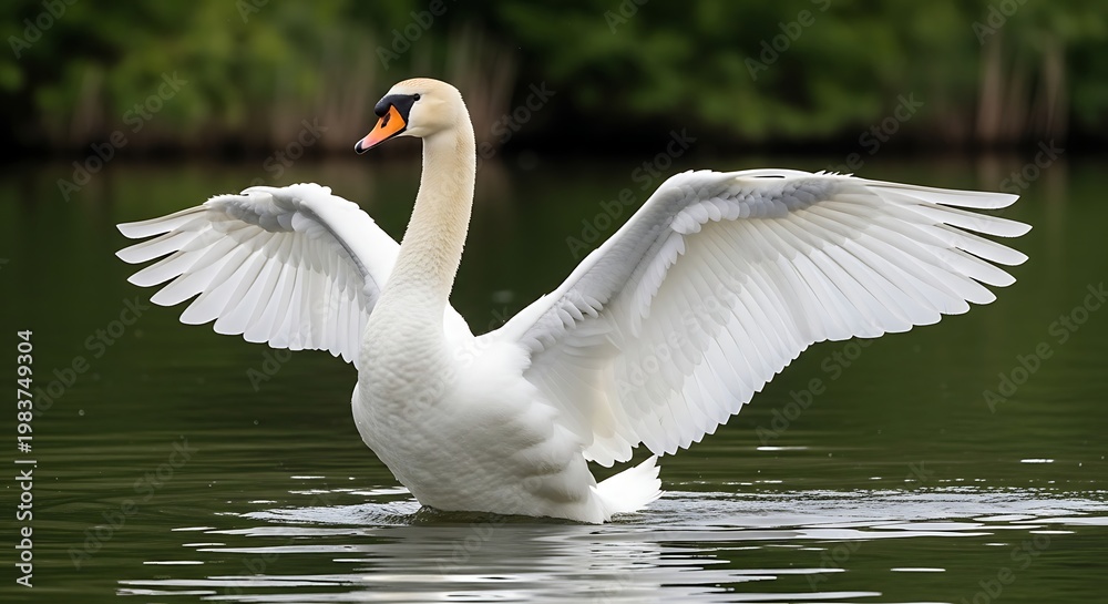 Fototapeta premium Majestic Swan Spreading Wings on Calm Lake Water.