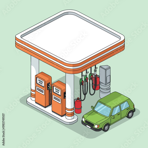Isometric Gas Station with Green Car Fueling Up.