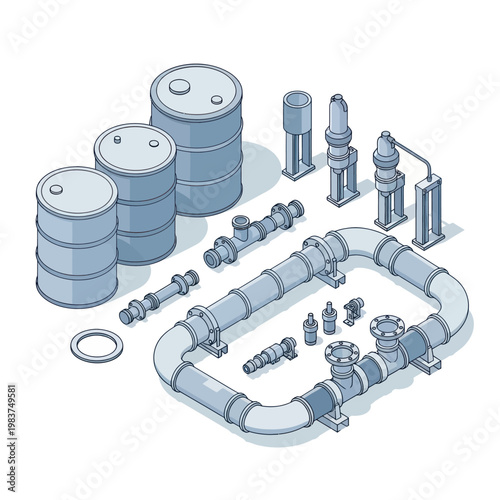 Isometric illustration of industrial barrels, pipes, and valves for oil and gas.