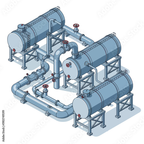 Isometric illustration of industrial heat exchangers and piping system.