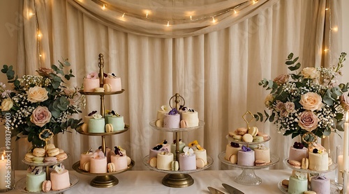 Elegant dessert table with pastel mini cakes, macarons, and floral arrangements against a soft draped background with fairy lights