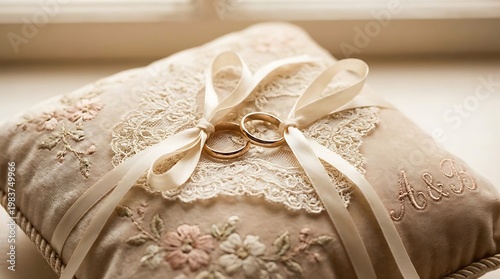 Golden wedding rings tied with a cream ribbon on an elegant embroidered pillow with lace details