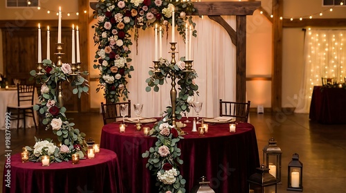 Romantic wedding sweetheart table with floral arrangements, glowing candles, and string lights, set for an elegant event.