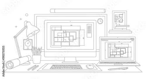 Architect and Interior Designer Workspace Line Art Illustration with Desktop Computer, Laptop, and Floor Plans