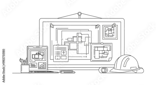 Architectural Planning and Construction Design Workspace Line Art Vector Illustration Featuring Blueprints, Hard Hat, Laptop, and Engineering Tools