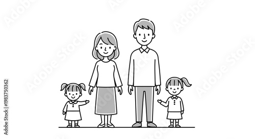 A minimalist vector illustration of a happy family with two children standing together in a simple line art style