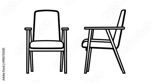 A minimalist line art illustration of two chairs in different views