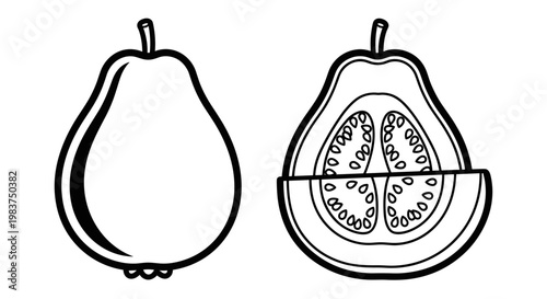 A minimalist vector illustration of a pear with a cut section showing its seeds and interior