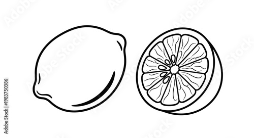 A minimalist vector illustration of a whole lemon and a halved lemon with visible seeds and pulp