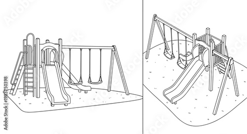 A minimalist vector illustration of a playground with swings and slides