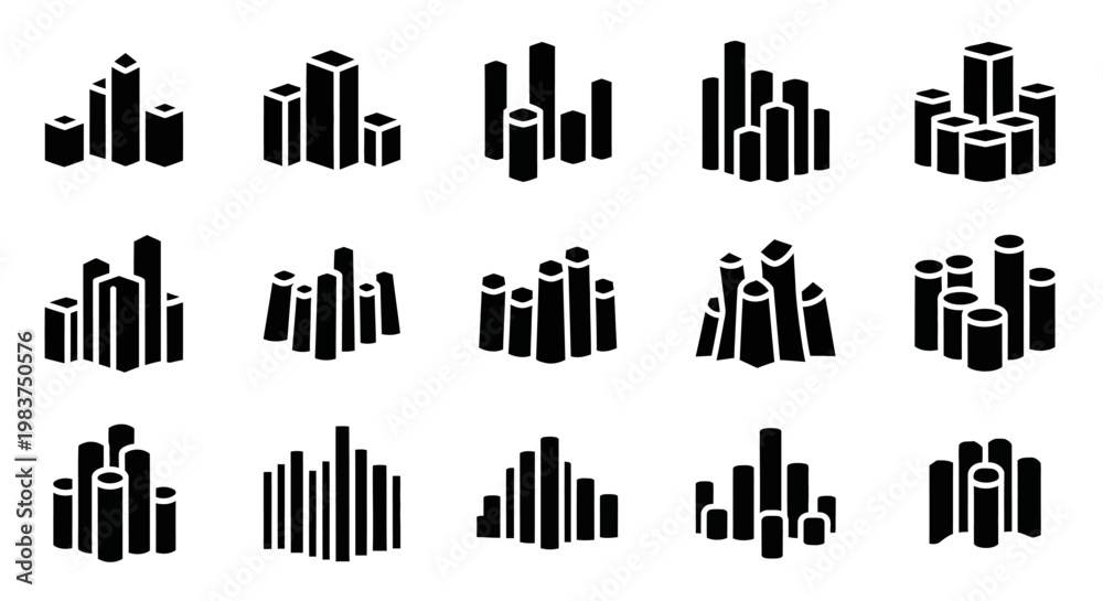 Obraz premium City skyline icons, urban landscape graphics, black silhouette cityscapes, 20 cityscape symbols