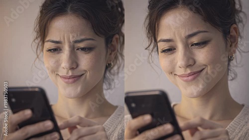 Young woman smiling while using smartphone in a cozy indoor setting  