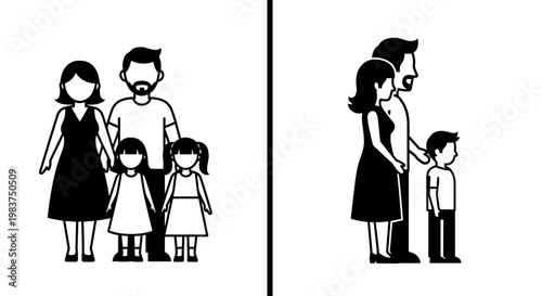 A minimalist vector graphic illustration of a family in two different scenes