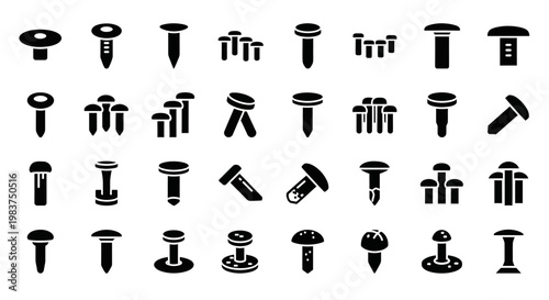 Black screw, bolt, and nail icons, 25 pieces, vector set, industrial fastener symbols