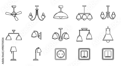collection of line icons for ceiling fans chandeliers wall lamps and table lamps