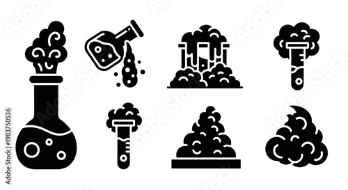 Industrial pollution icons, factory emissions, environmental damage, black vector graphics