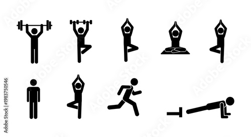 collection of simple stick figure icons representing different exercises and yoga poses