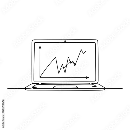 minimalist line art of laptop displaying rising graph symbolizing business growth and financial success