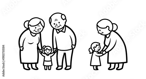 A minimalist vector illustration of two families with children and grandparents in a simple line art style