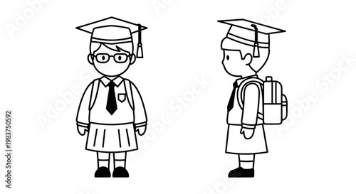 A minimalist vector illustration of a schoolgirl in a graduation cap and uniform from two different angles