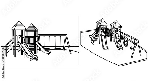 A minimalist vector illustration of a playground with slides and swings in a simple line art style