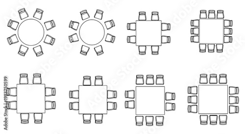 top view of dining table arrangements with chairs for event planning