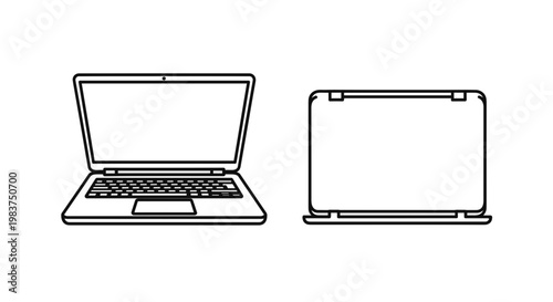 A minimalist vector illustration of a laptop computer in open and closed positions