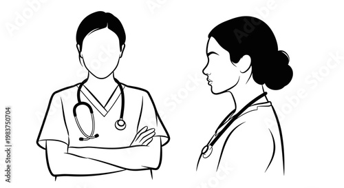 A minimalist vector illustration of two female medical professionals in a simple, flat design