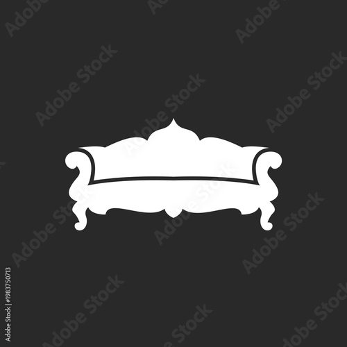 Ornate Classic White Sofa Silhouette Icon. Elegant Antique Style Settee Furniture Graphic on Dark Background.