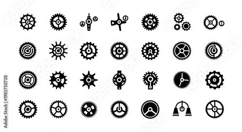Gear, cog, wheel icons, mechanical symbols, 25 black vector graphics