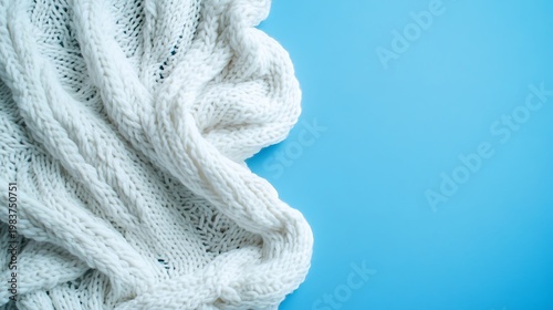 A soft white knitted sweater rests on a clean light blue background