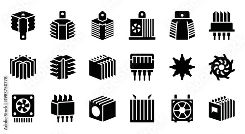 Computer hardware icons, CPU processor symbols, electronic components, 20 black vector graphics