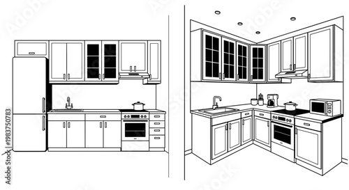 A detailed vector illustration of a modern kitchen with appliances and cabinetry