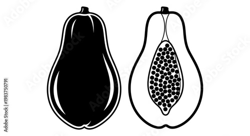 A black and white vector illustration of a bell pepper with one cut open to show its seeds