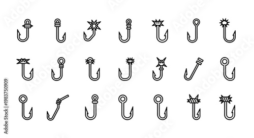 Fishing Hooks Vector Set, 20 Hook Icons, Black and White Illustrations, Fishing Equipment Symbols