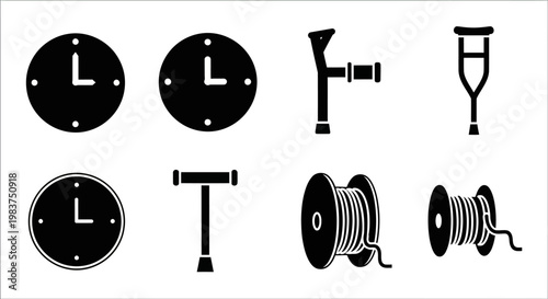 Industrial, mechanical icons, clock, tools, black and white, vector graphics