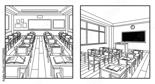 A minimalist vector illustration of two empty classroom interiors with desks and chairs
