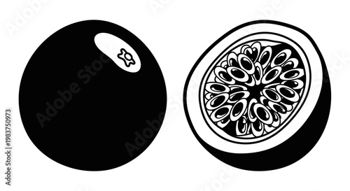 A black and white vector illustration of a pomegranate cut in half