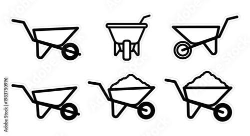 A set of simple black line art wheelbarrows in various positions and loads on a white background
